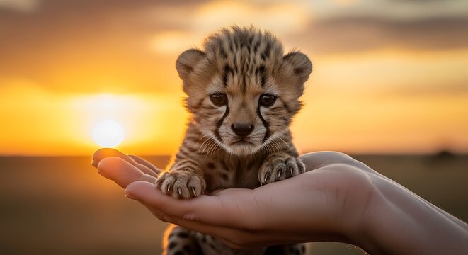 Cute Tiger Cub on Human Hand at Sunset.