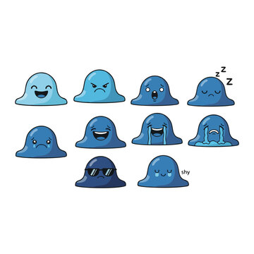 A digital illustration of various blue ghost emojis displaying different emotions and reactions on a white background.