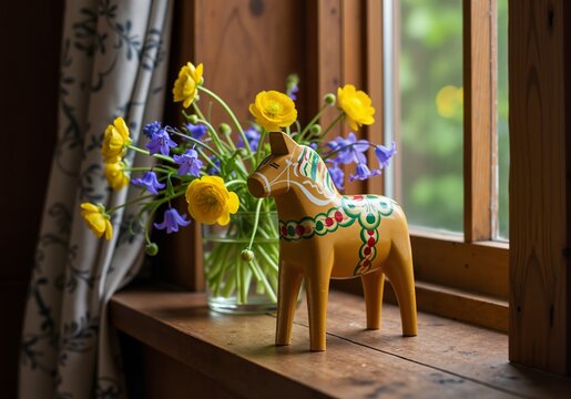 Swedish dalah&auml;st on window sill, traditional Swedish symbol with summer flowers in Nordic home setting