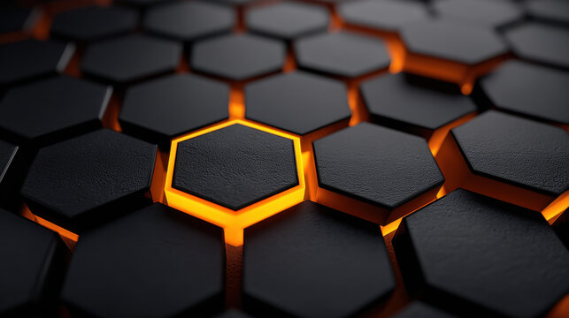 Black hexagonal texture glowing orange gap abstract pattern dark surface 3d render geometric background futuristic design close up matte surface metallic look