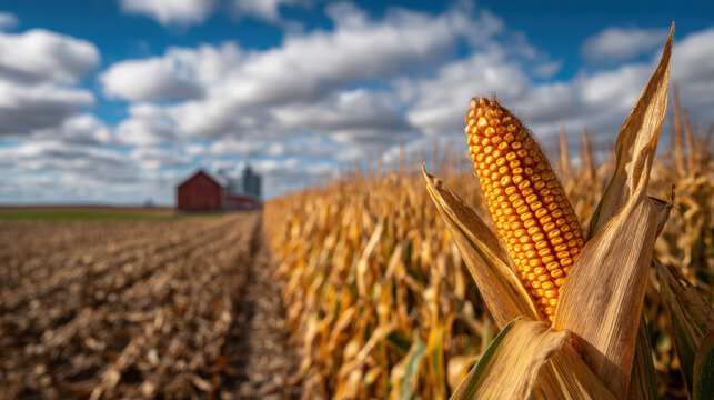 Corn ear corn field farm field rural landscape agricultural crop autumn harvest ripe corn dried husk golden grain blue sky