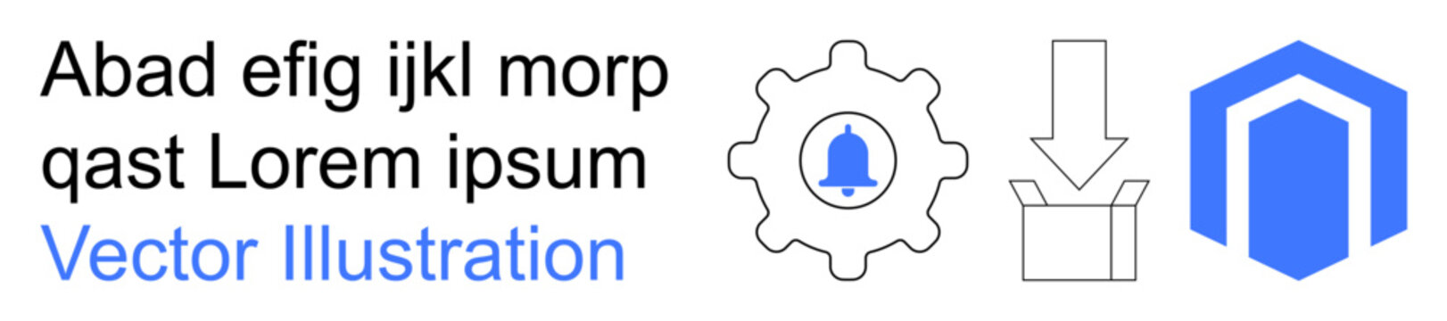 Technology, automation, notifications, downloads, logistics, workflow tools. Gear with bell, arrow into box and hexagonal symbol in blue and black. Technology and automation concepts