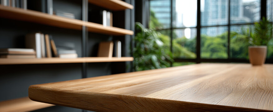 Wood desk office interior close up empty table natural light modern room window view plant wooden furniture blurred background
