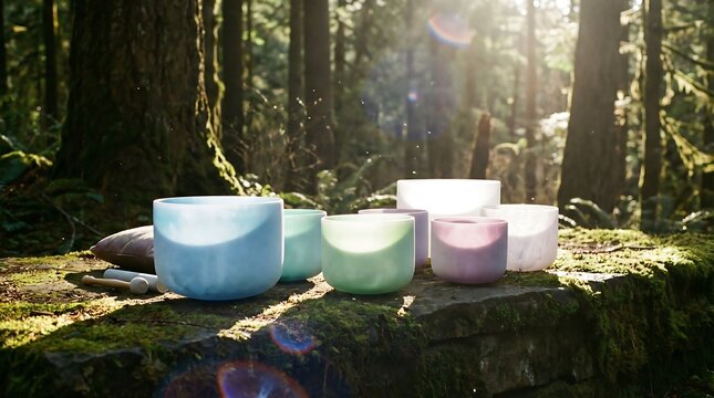 Frosted Quartz Crystal Singing Bowls in Sunlight
