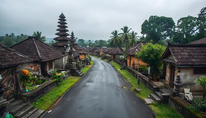 Obraz premium Serene Village Road, Traditional Houses, Lush Greenery 