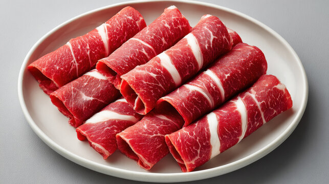 Raw beef rolls on plate top view uncooked meat fresh red meat white plate food preparation sliced beef marbled meat