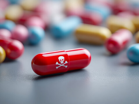 Red capsule pill with skull and crossbones symbol warning of poison and danger placed among blurred multicolored pills on a gray surface background