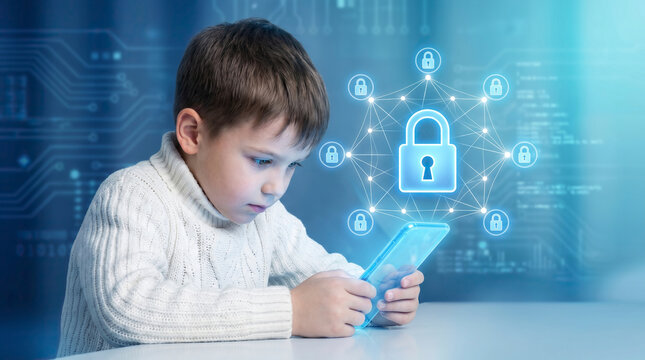 Child Focused on Smartphone with Digital Security Lock Icon