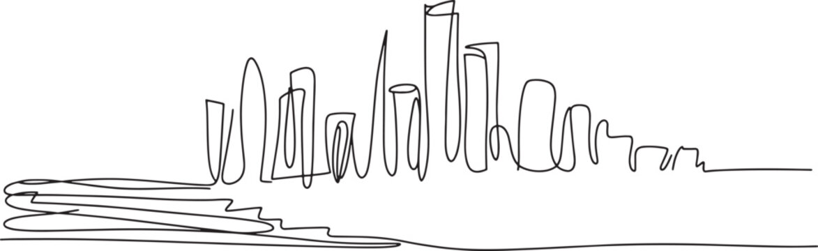 Sleek continuous line art vector illustration of an abstract city skyline featuring modern