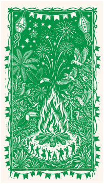 Xilogravura Festa Junina Verde com Fogueira e Aves da Floresta Brasileira | Arte Cordel