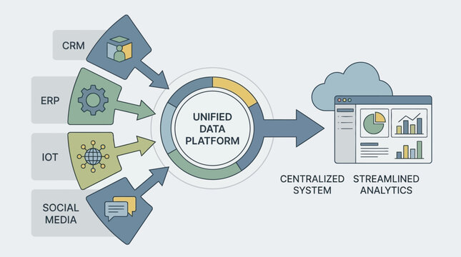 A unified data platform integrates CRM, ERP, IoT, and social media into a centralized system for streamlined analytics.