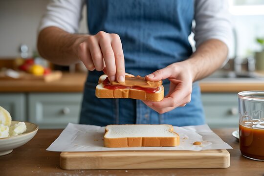 Person spreading jam on sliced bread, kitchen background, breakfast scene, food preparation, homemade snack