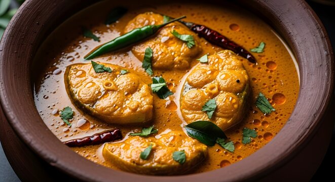 Close-up of creamy yellow fish curry with tender fish pieces in clay pot