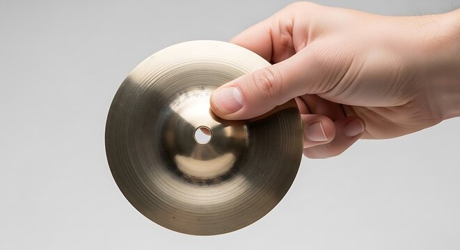 Person holding a small brass splash cymbal against a plain background