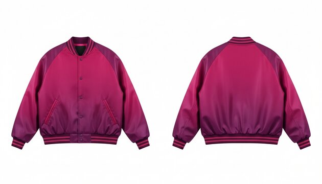 2 Set of magenta purple pink Oversized Baseball Bomber varsity jacket with ribbed strip elastic hem, front back side view on white background cutout file. Mockup template for artwork design