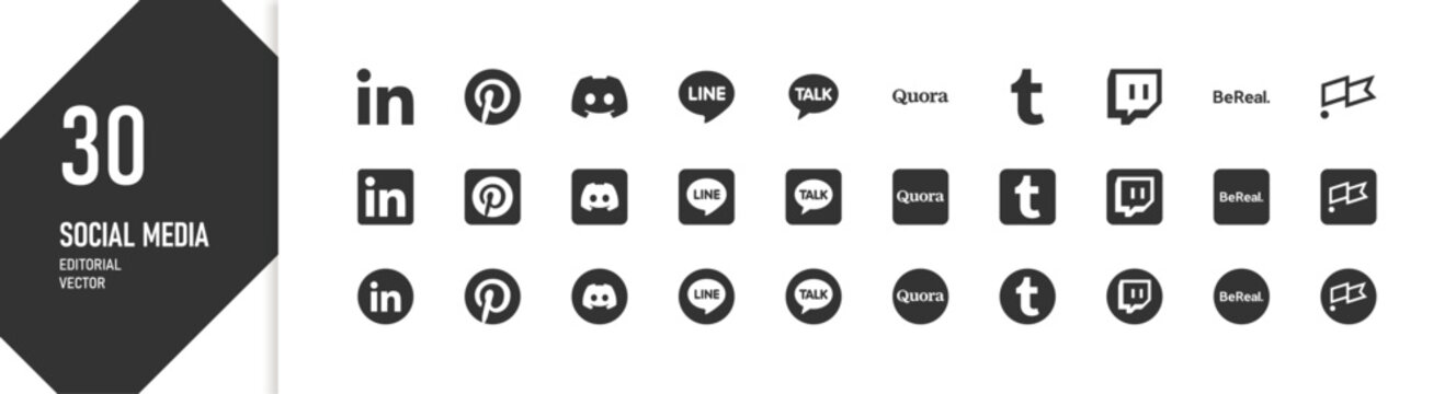 Social media icon set LinkedIn Pinterest Discord Line KakaoTalk Quora Twitch vector collection