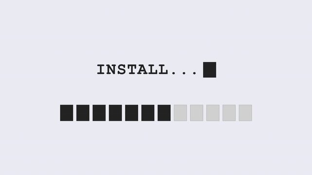 Retro 8 bit loading progress bar for 4k video installation. Classic 'INSTALL...' message, evoking vintage computing. Perfect digital aesthetic for video game interfaces