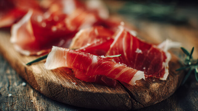 Thin slices of cured ham with coarse sea salt and rosemary arranged on a rustic wooden cutting board ready for serving or cooking inspiration