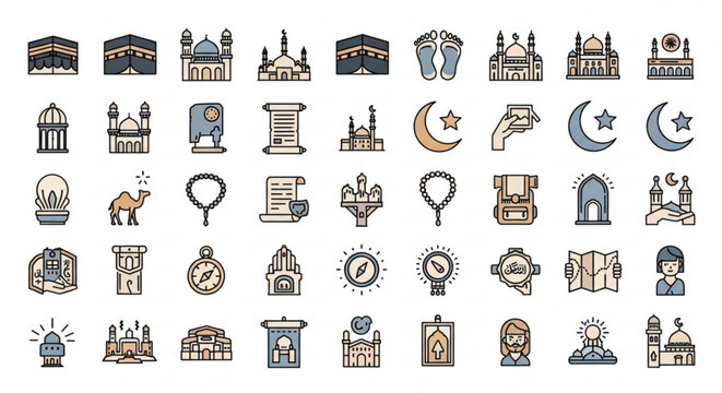 Colorful flat design icons for Islamic Hajj and Umrah rituals
