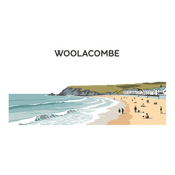 Coastal beach landscape vector illustration with waves and town