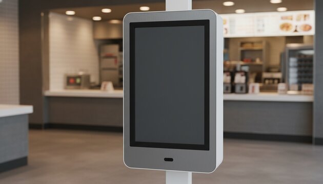 Close up of self service touchscreen display in fast food restaurant. Blank screen for mockups. Digital kiosk offers menu, speeds ordering process. Modern system for quick electronic purchasee