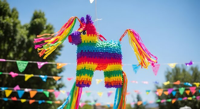 Vibrant traditional Mexican papel picado banners hanging outdoors, representing festive culture and celebration.