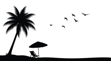 beach scene with palm tree beach chair umbrella and birds silhouette © MDSAJIB