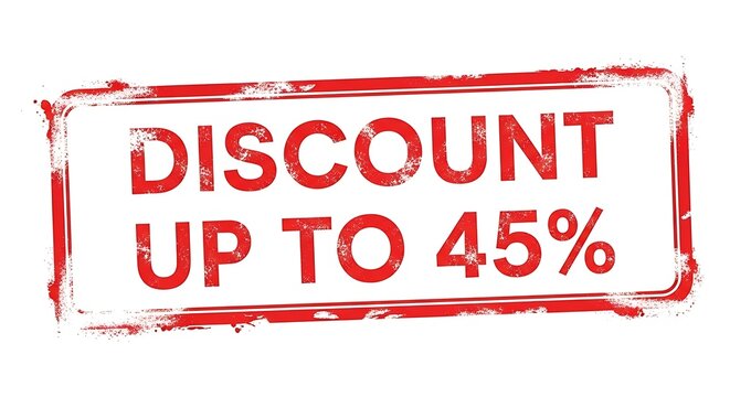 A red distressed stamp graphic with the text 'DISCOUNT UP TO 45%' in bold white letters, indicating a sale or offer.