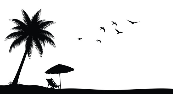 beach scene with palm tree beach chair umbrella and birds silhouette