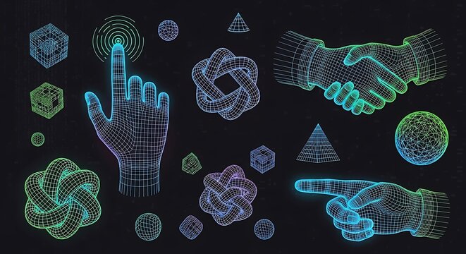 Glowing Wireframe Hands and Geometric Shapes in Neon Holographic Style for Futuristic UI and Digital Interaction Design
