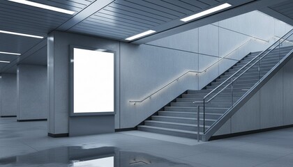 Obraz premium Mockup of blank billboard template next to stairs OOH media mockup in underpass digital display at train station