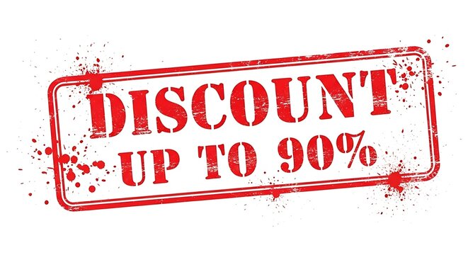 A red rubber stamp graphic indicating a discount of up to 90% with splattered ink effects.
