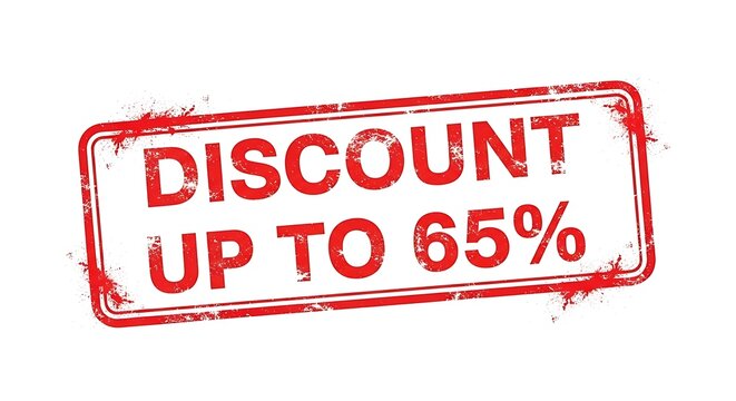 A red and white rectangular stamp with the words "DISCOUNT UP TO 65%" printed in bold red letters, indicating a sale or promotional offer.