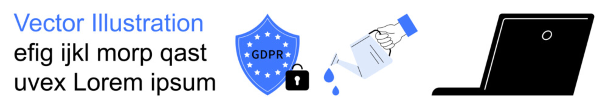 Data protection, privacy regulations, secure information, cybersecurity, compliance, data handling. Blue shield icon with GDPR text, a hand pouring water and a laptop. Data protection and privacy