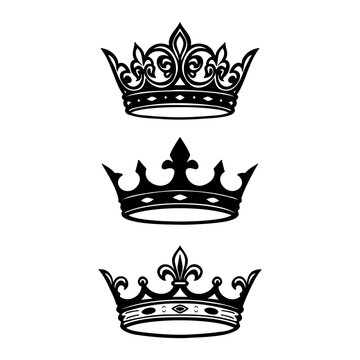 Set of three elegant black royal crown silhouettes for luxury branding design