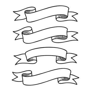 Hand drawn vintage ribbon banner set with engraved style for retro labels