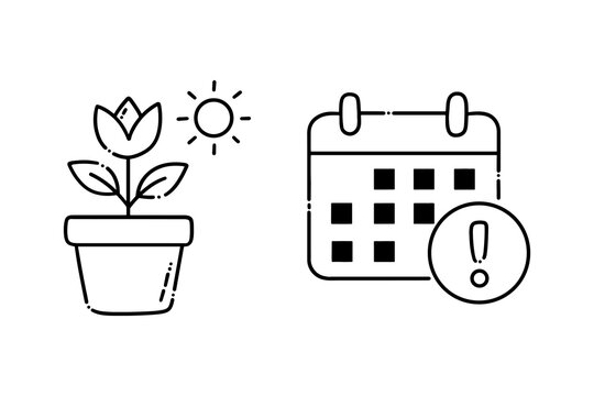 Minimalist line art icons of growing plant and calendar for schedule planning
