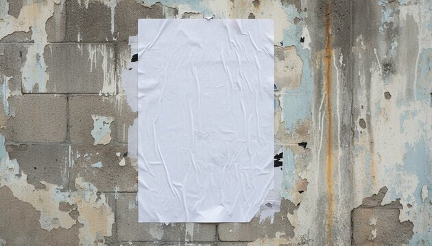 Template of a white wrinkled poster placed in a city setting, simulating blank wheatpaste on a textured wall. Suitable for street art sticker mockups or urban glued advertising canvases