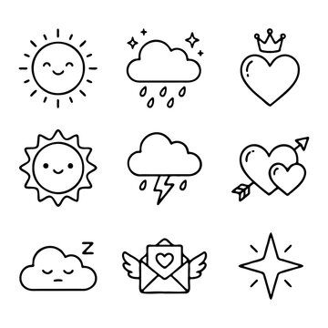 Cute hand drawn minimalist weather and love icons set in kawaii style