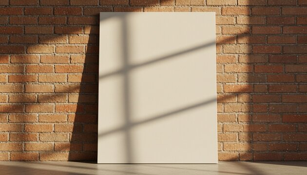 Sunlight Bathed Mockup, Blank canvas on a vintage brick wall, bathed in warm sunlight and dappled shadows