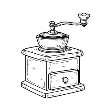 Vintage manual coffee grinder hand drawn sketch for cafe and kitchen decor