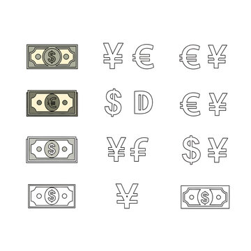 Global currency symbols and banknote icons vector set