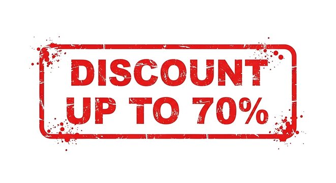 A red rectangular stamp with the words "DISCOUNT UP TO 70%" printed in bold white letters, indicating a significant price reduction.
