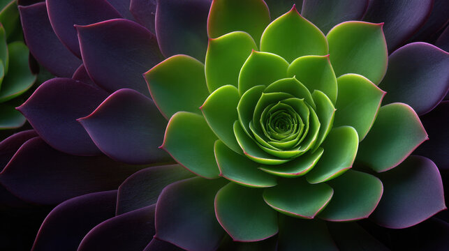 Succulent plant overhead macro green rosette purple leaf close up floral pattern decorative plant vibrant color natural texture botanical detail