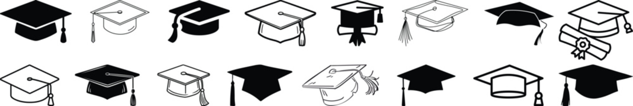 graduation cap icon set, university or college graduation hat icon, student graduation cap , student hat outline and filled vector sign. Academic cap linear and full pictogram. Education symbol, logo