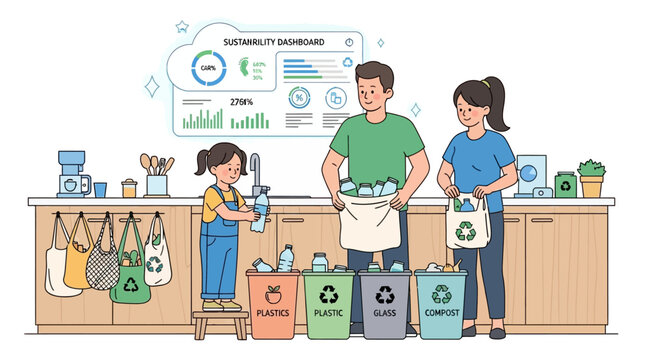 Illustration of a family sorting recyclables in a kitchen with various recycling bins and eco-friendly household items on the counter.