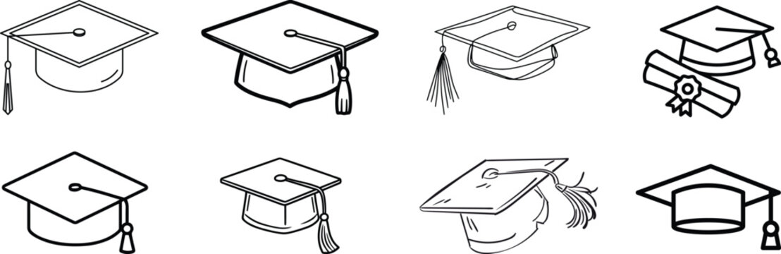 graduation cap icon set, university or college graduation hat icon, student graduation cap , student hat outline and filled vector sign. Academic cap linear and full pictogram. Education symbol, logo