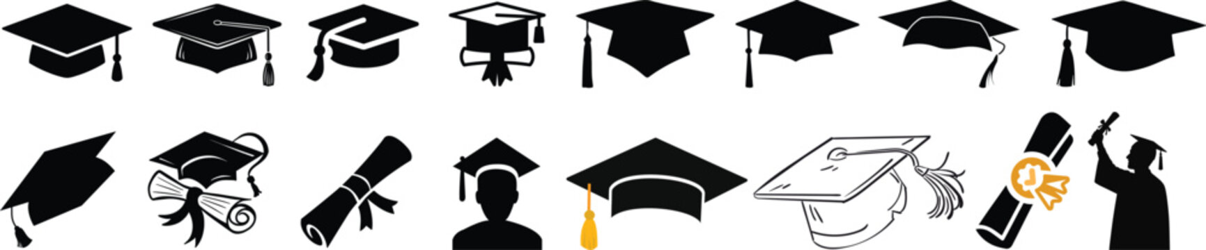 graduation cap icon set, university or college graduation hat icon, student graduation cap , student hat outline and filled vector sign. Academic cap linear and full pictogram. Education symbol, logo