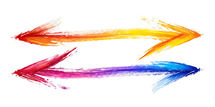 Two horizontal arrows pointing in opposite directions painted with vibrant watercolor rainbow colors on a clean white background for isolated on a transparent background