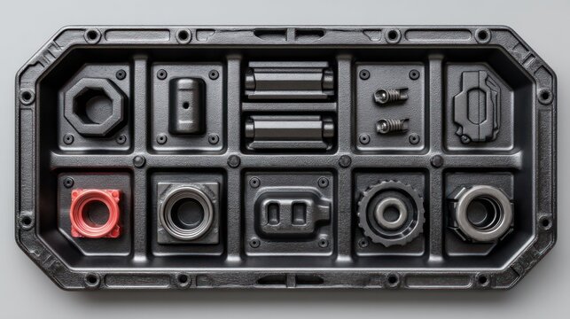 Black molded tray with compartments filled with various industrial parts, arranged neatly